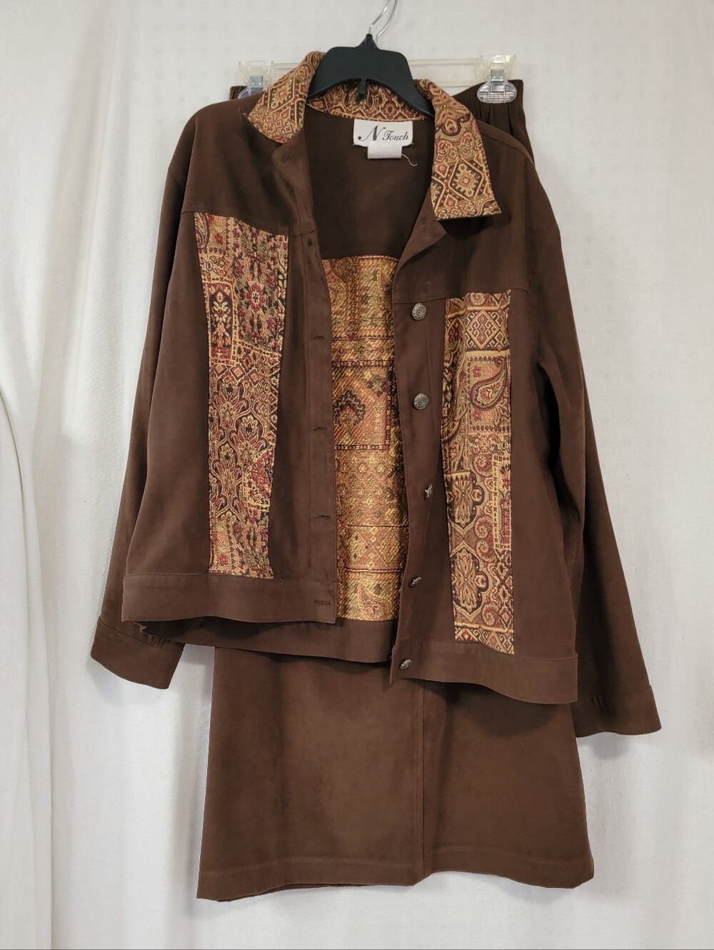 Brown Suede Patchwork Jacket & Skirt Set